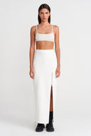 Off-White Textured Midi Skirt with Zipper Slit - Y262012006