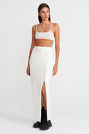 Off-White Textured Midi Skirt with Zipper Slit - Y262012006