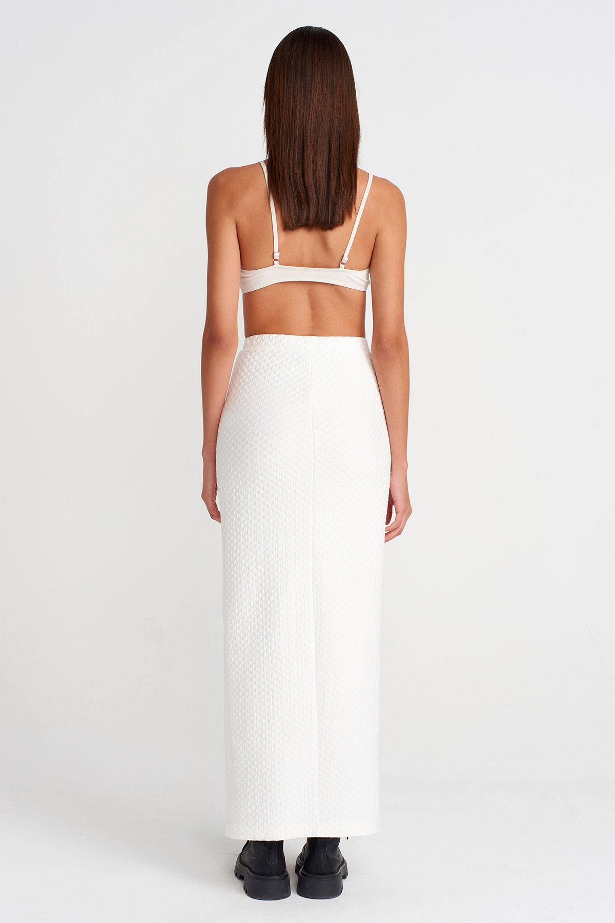 Off-White Textured Midi Skirt with Zipper Slit - Y262012006