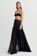 Black Long Skirt with Leather Details and Pleated Tulle - Y262012011