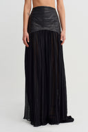 Black Long Skirt with Leather Details and Pleated Tulle - Y262012011