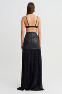 Black Long Skirt with Leather Details and Pleated Tulle - Y262012011
