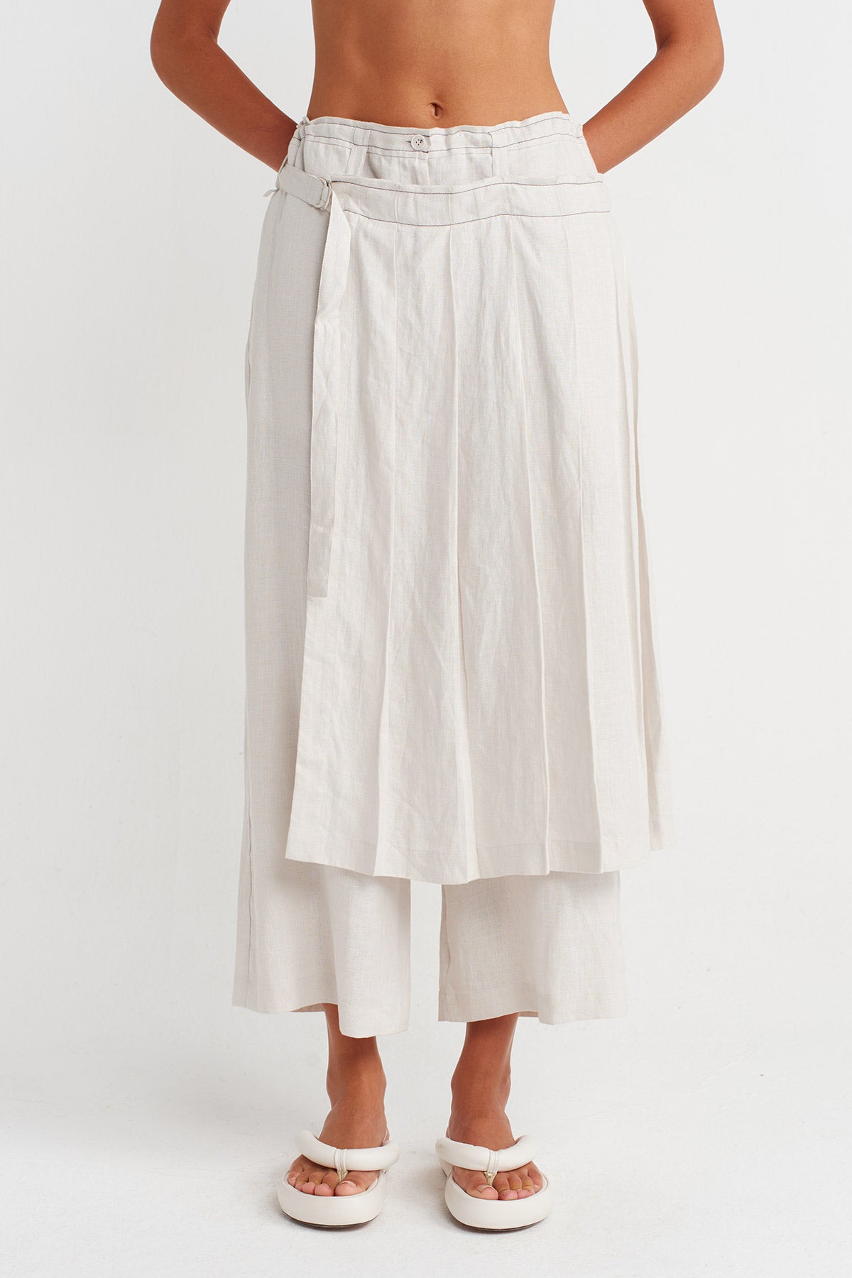 Sis Rengi Önü Etek Panelli Keten Pantolon-Y263013003