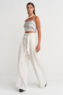 Kırık Beyaz Çizgi Dokulu Geniş Paça Pantolon-Y263013011