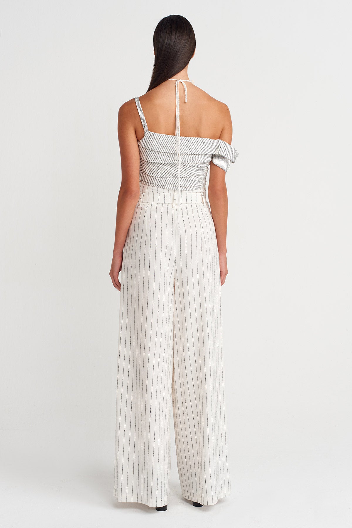 Kırık Beyaz Çizgi Dokulu Geniş Paça Pantolon-Y263013011