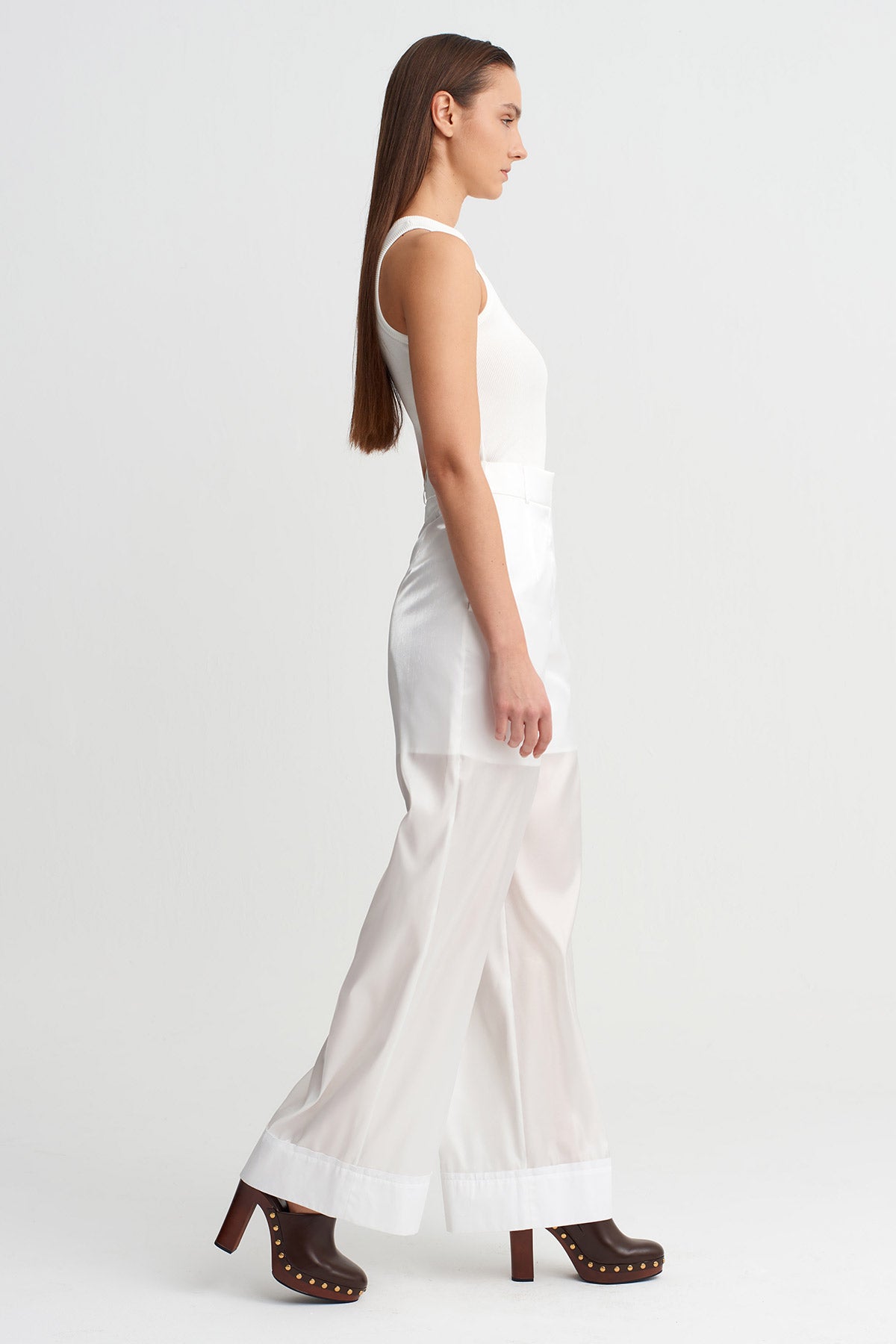 Kırık Beyaz Yüksek Bel Transparan Katmanlı Pantolon-Y263013033