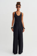 Black Tone-on-Tone Striped High-Waisted Trousers - Y263013040