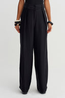 Black Tone-on-Tone Striped High-Waisted Trousers - Y263013040