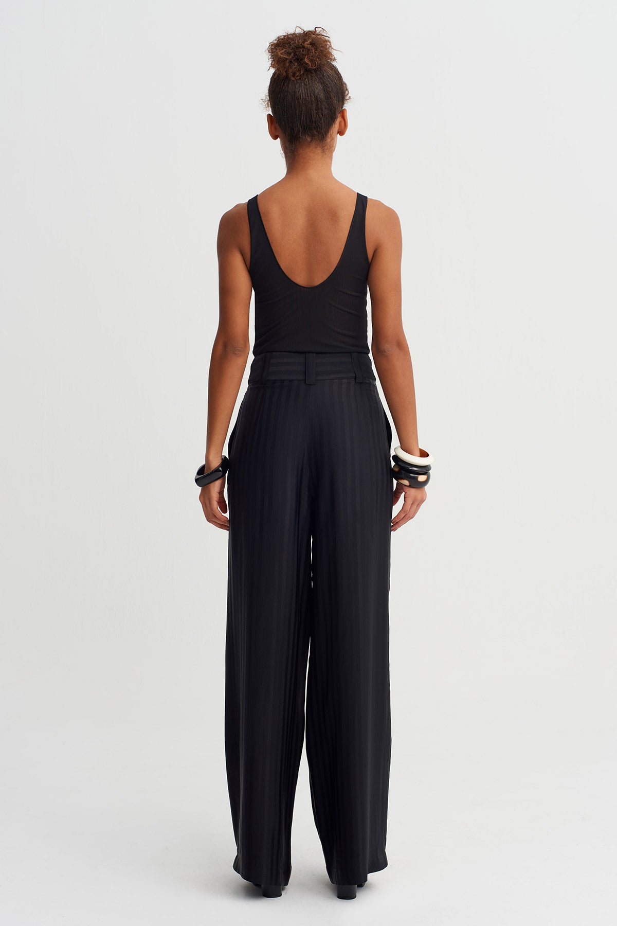 Siyah Tona Ton Çizgili Yüksek Bel Pantolon-Y263013040