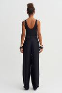 Black Tone-on-Tone Striped High-Waisted Trousers - Y263013040