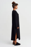 Siyah Şerit Detaylı Oversize Jarse Elbise-Y264014006