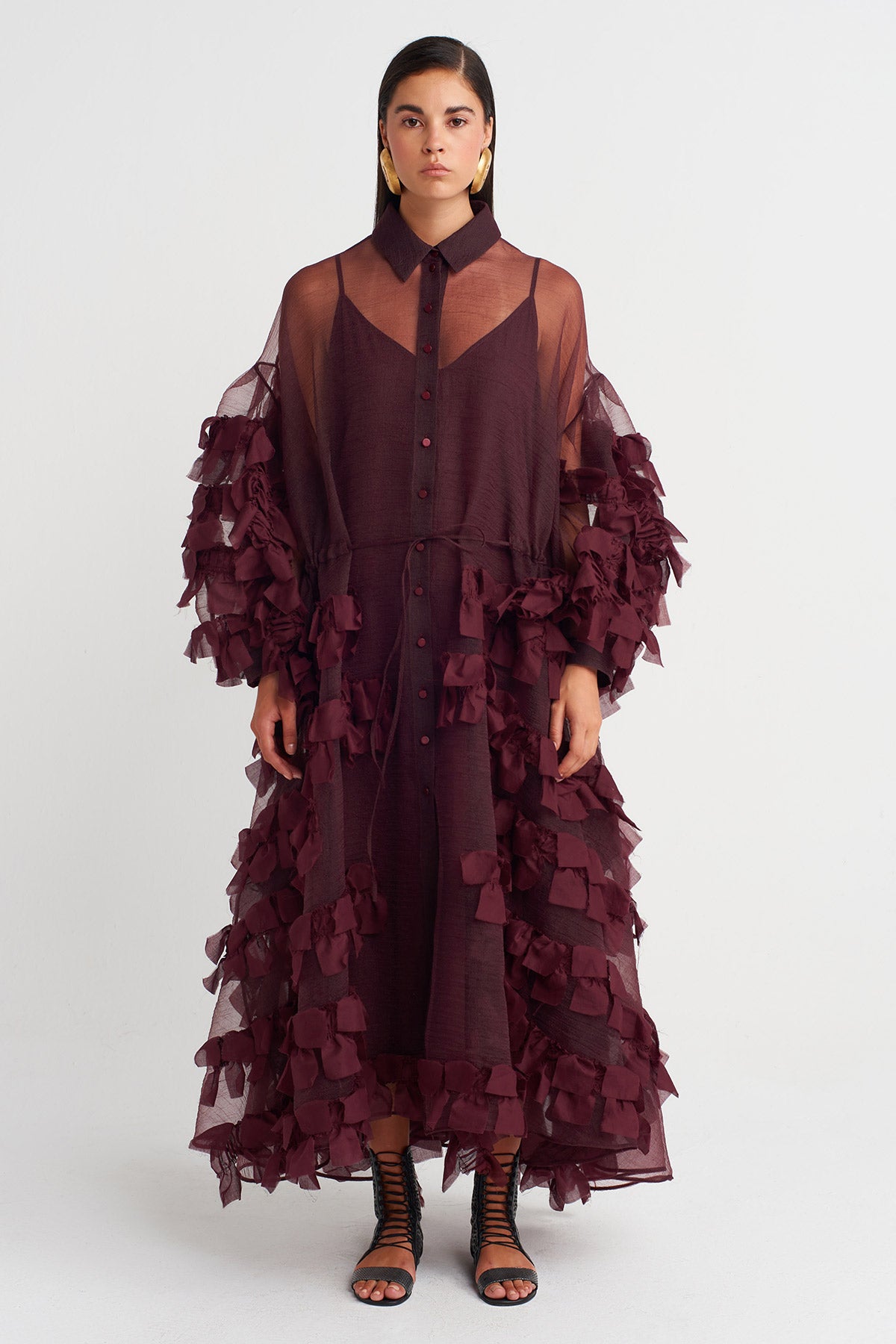 Bordo Organze Katmanlı İşlemeli Uzun Elbise-Y264014009