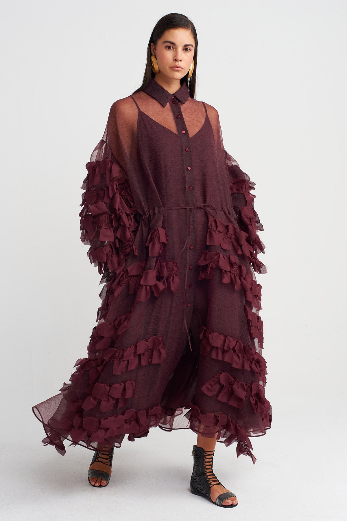 Bordo Organze Katmanlı İşlemeli Uzun Elbise-Y264014009