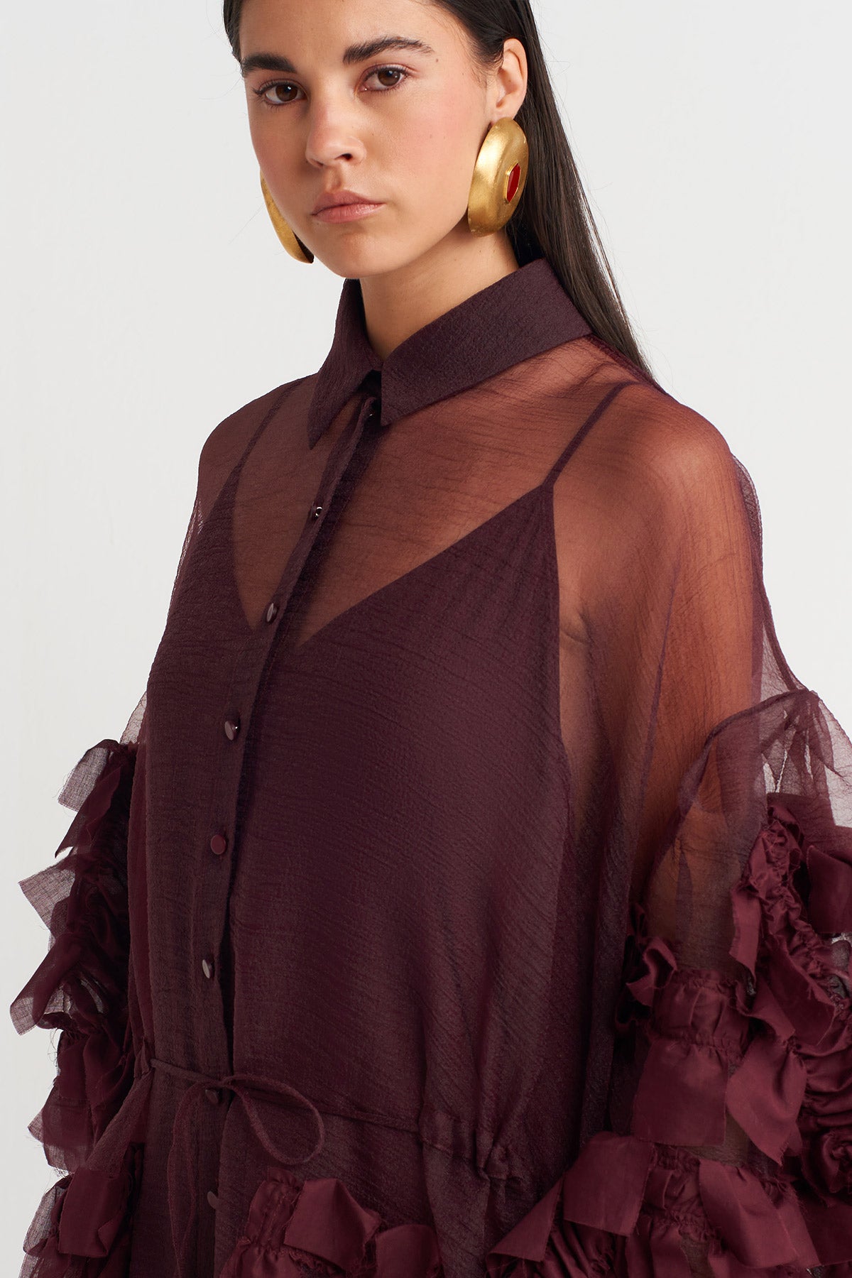 Bordo Organze Katmanlı İşlemeli Uzun Elbise-Y264014009