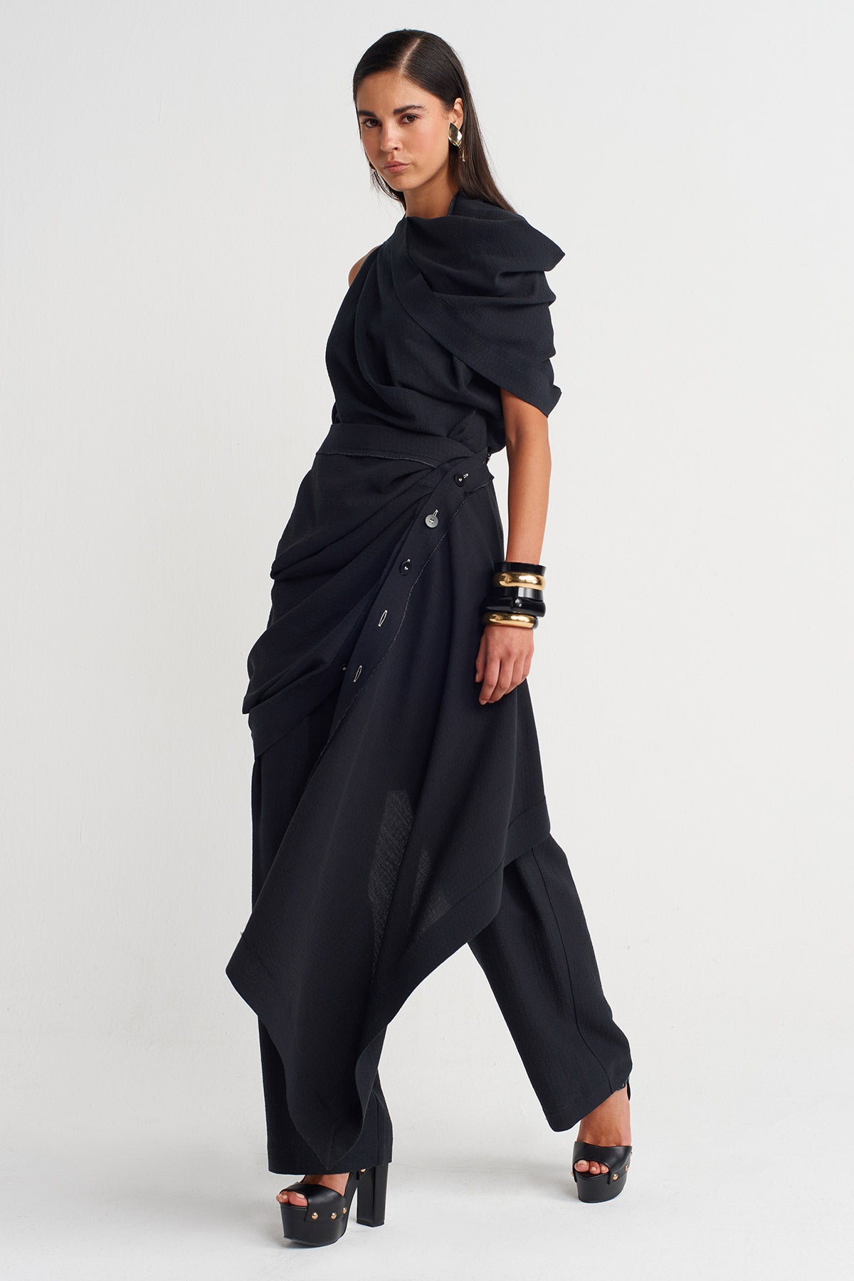 Black Asymmetrical Sculptural Draped Dress - Y264014012