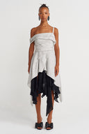 Beyaz / Siyah Katmanlı Asimetrik Midi Elbise-Y264014014