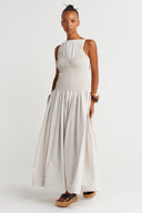 Fog-Colored Poplin Dress with Ruched Detail - Y264014016