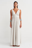 Fog Color V-Neck Draped Dress-Y264014017