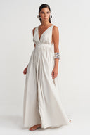 Fog Color V-Neck Draped Dress-Y264014017