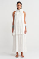 Off-White Satin Dress with Floral Collar Detail - Y264014019