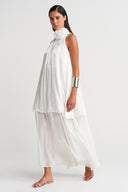 Off-White Satin Dress with Floral Collar Detail - Y264014019
