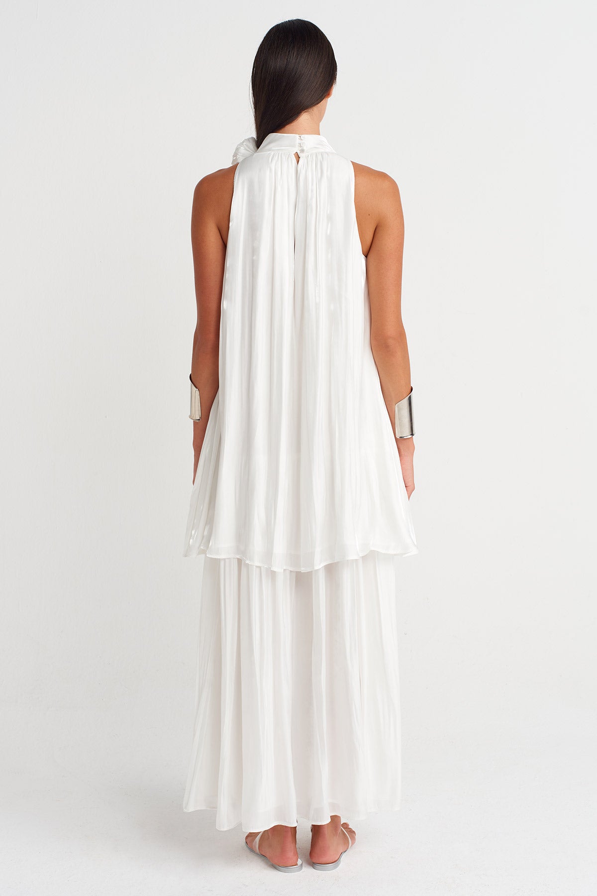 Off-White Satin Dress with Floral Collar Detail - Y264014019