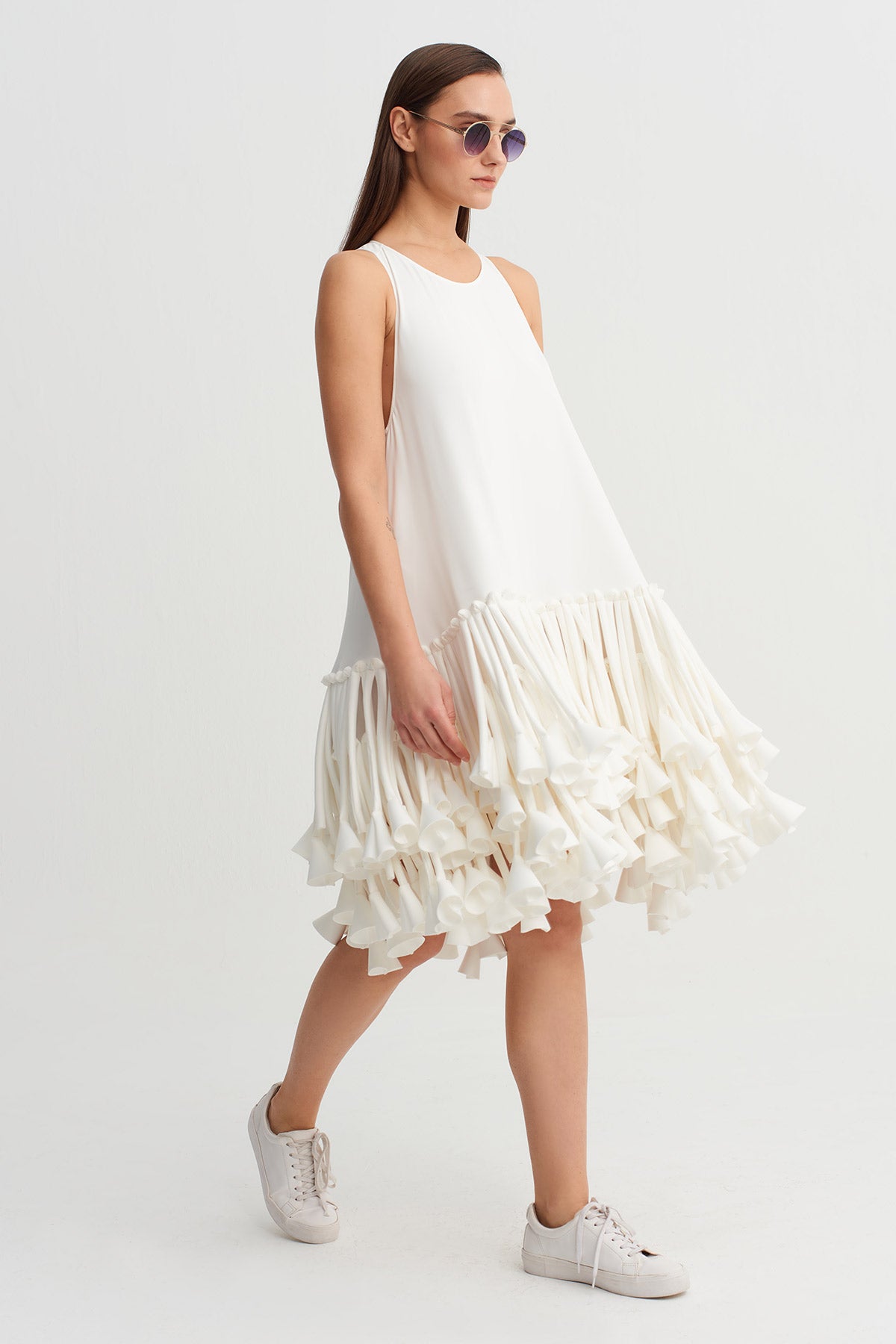 Off-White Striped Fabric Dress with Applique Detail - Y264014034