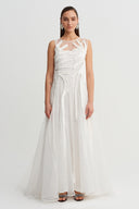 Off-White Striped Fabric Applique Tulle Dress - Y264014035