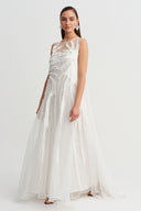Off-White Striped Fabric Applique Tulle Dress - Y264014035