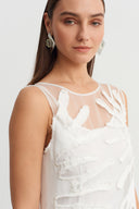 Off-White Striped Fabric Applique Tulle Dress - Y264014035