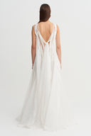 Off-White Striped Fabric Applique Tulle Dress - Y264014035