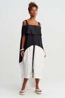 Black/White Contrast Panelled Shoulder Detail Dress - Y264014039