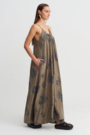 Brown/Grey Patterned Strappy Long Dress - Y264014042