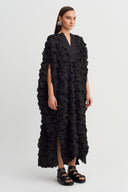 Black Textured V-Neck Long Dress - Y264014046