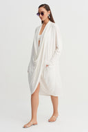 Off-White Long Dress with Draped Collar Detail - Y264014047