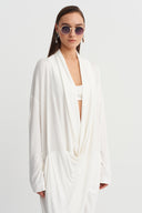 Off-White Long Dress with Draped Collar Detail - Y264014047