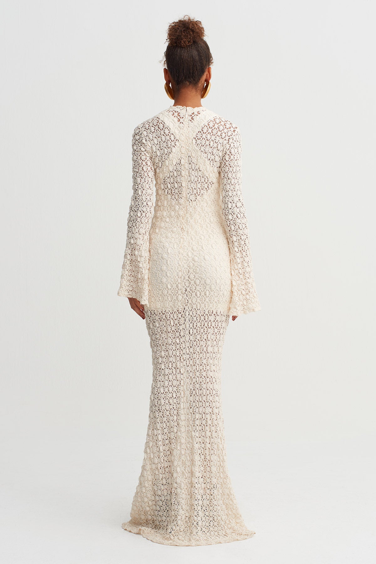 Natur Dantel Dokulu Uzun Elbise-Y264014050