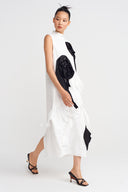 Black/White Linen Dress with Floral Applique - Y264014056