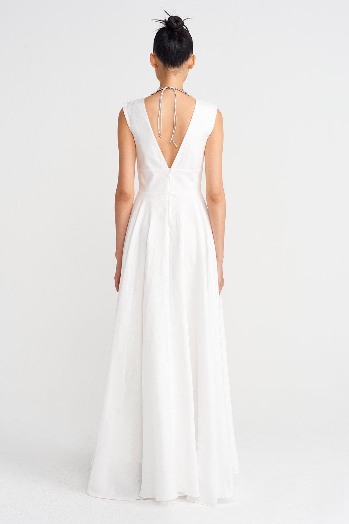 Kırık Beyaz Derin V Yakalı Uzun Keten Elbise-Y264014057