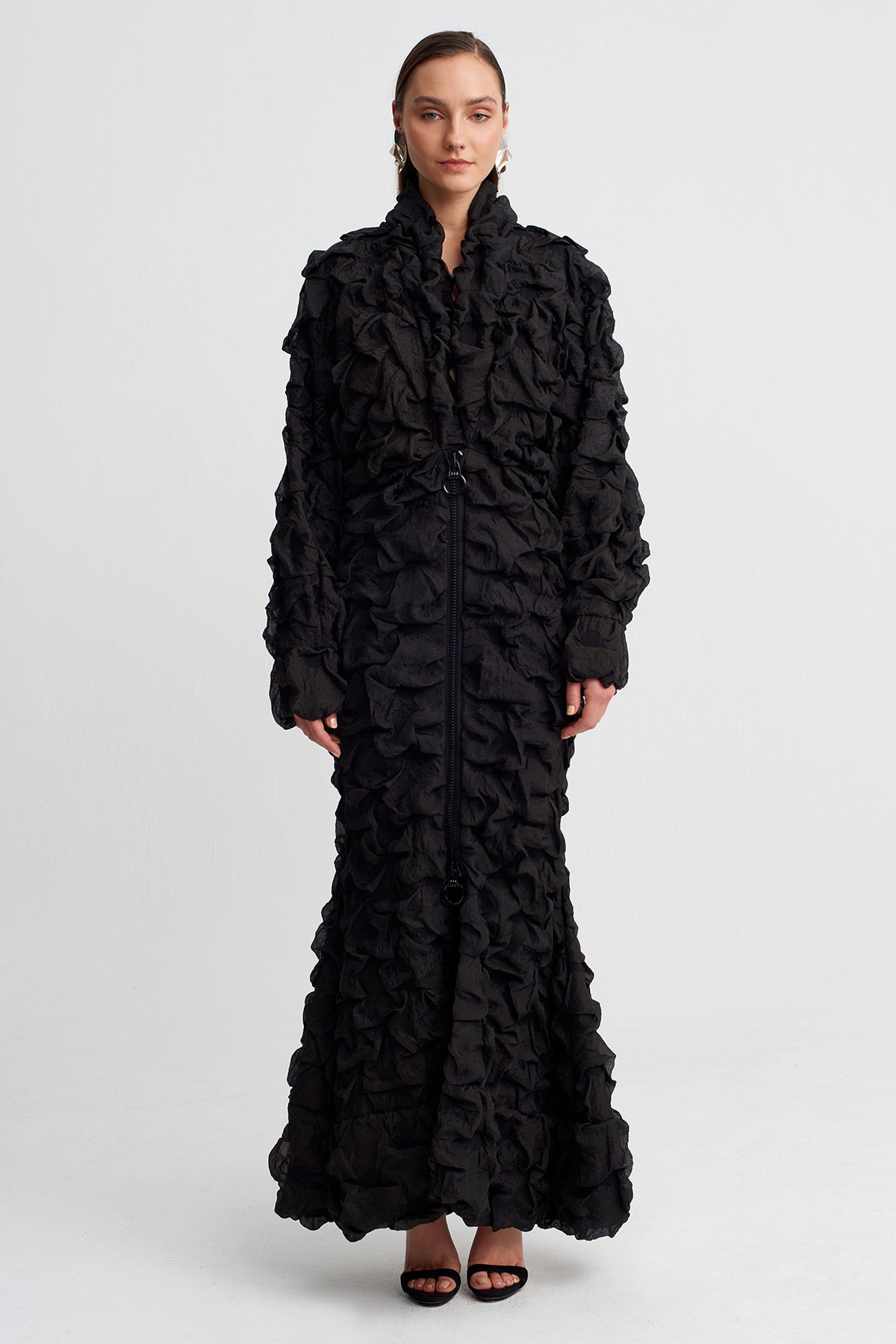 Siyah Dokulu Yüzeyli Fermuar Detaylı Uzun Elbise-Y264014070