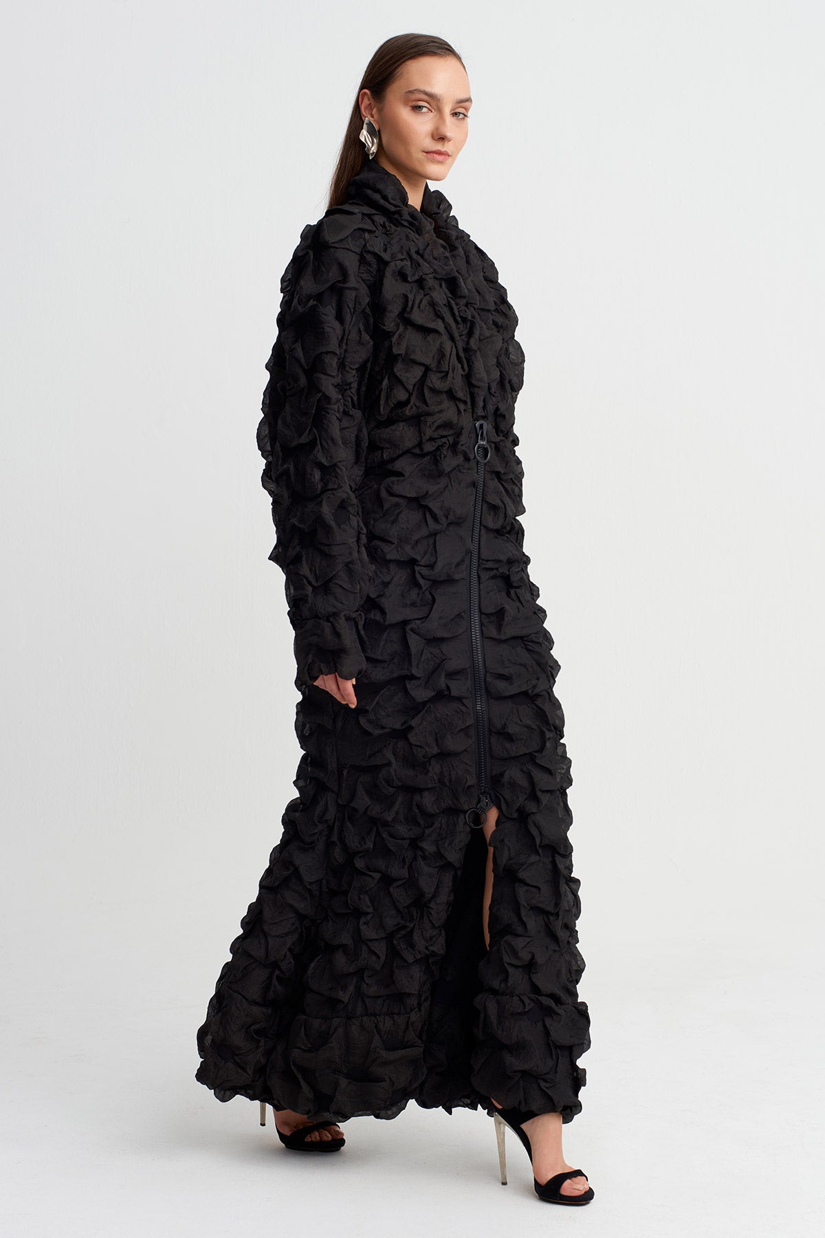 Siyah Dokulu Yüzeyli Fermuar Detaylı Uzun Elbise-Y264014070