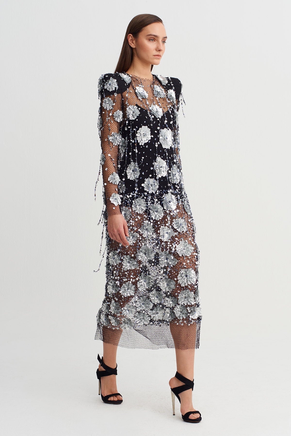 Silver Flower Applique Mesh Midi Dress - Y264014073