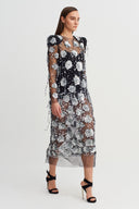 Silver Flower Applique Mesh Midi Dress - Y264014073