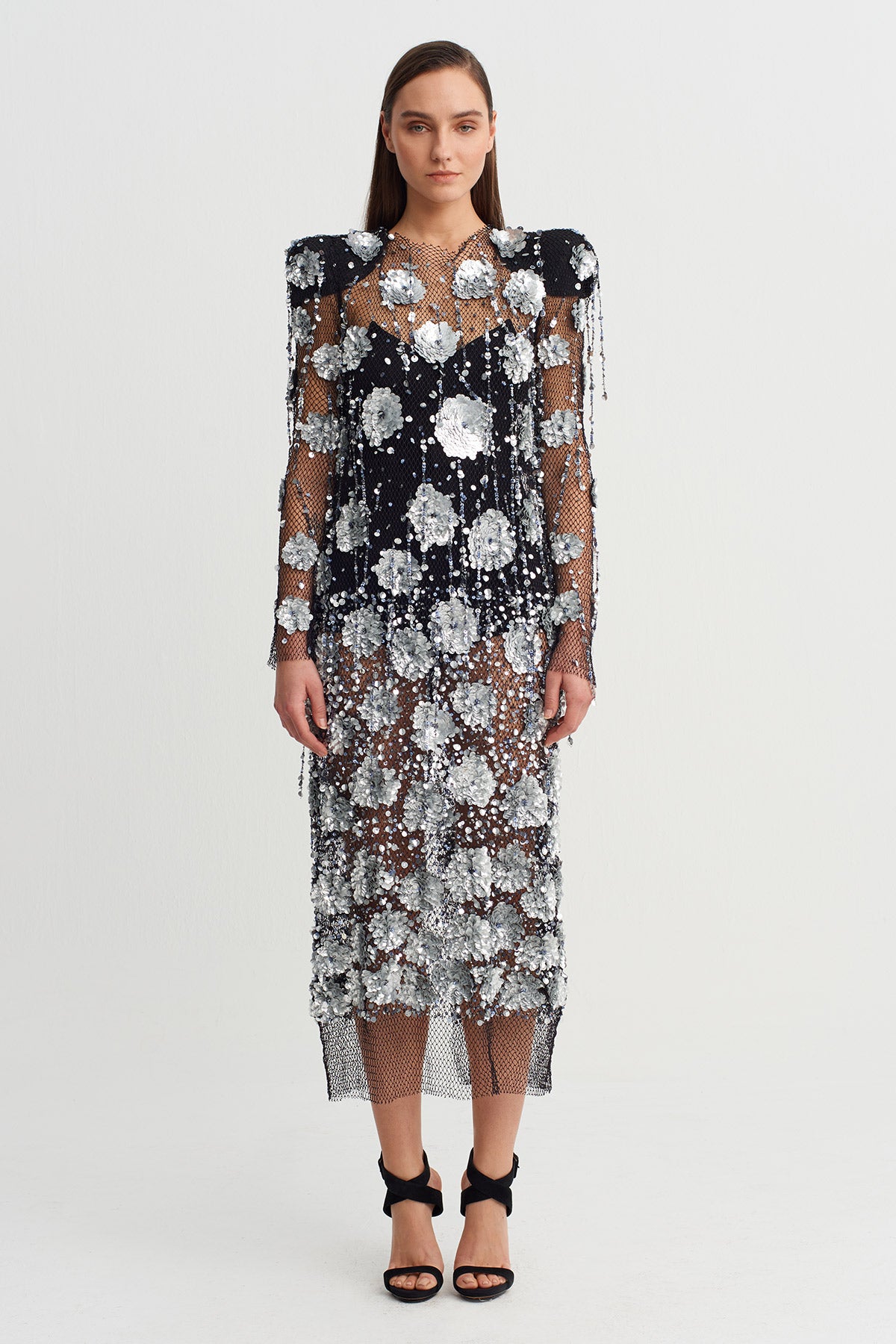 Silver Flower Applique Mesh Midi Dress - Y264014073