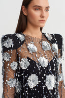 Silver Flower Applique Mesh Midi Dress - Y264014073