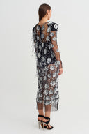 Silver Flower Applique Mesh Midi Dress - Y264014073