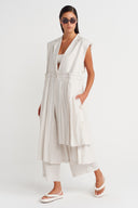 Fog-Colored Linen Layered Long Vest - Y265015004