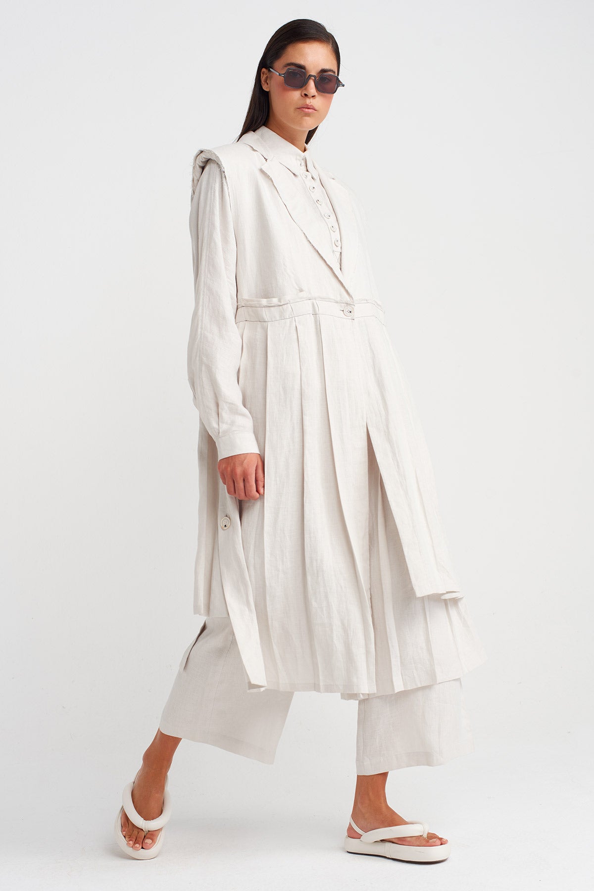 Sis Rengi Keten Katmanlı Uzun Yelek-Y265015004