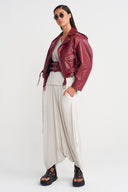 Plum-colored Faux Leather Biker Jacket with Belt Detail - Y265015006