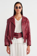 Plum-colored Faux Leather Biker Jacket with Belt Detail - Y265015006